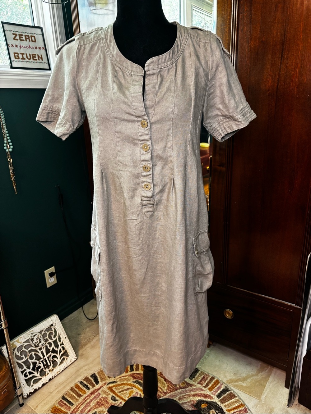 Jackpot Organic Linen Safari Utility Dress GOTS Size 32 / XS Beige Tan
